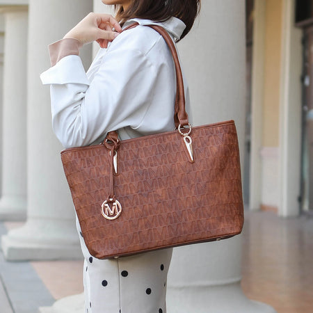 Vegan Leather Women'S Tote Bag, Small Tote Handbag, Pouch Purse & Wristlet Wallet Bag 4 Pcs Set by Mia K - Beige