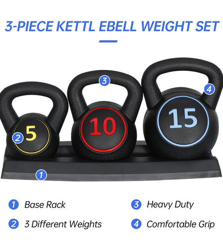 3-Piece Kettlebell Set with Storage Rack Home Gym Exercise Fitness Weights