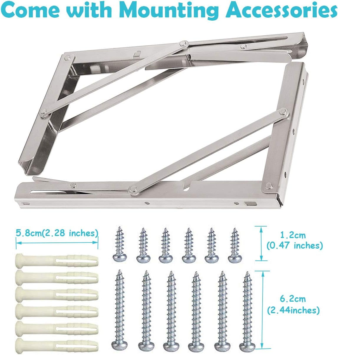 14'' Folding Shelf Brackets Max. Load 440 Lb, Heavy Duty Stainless Steel DIY Wall Mounted Shelf Bracket Space Saving for Table Work Bench, Pack of 2