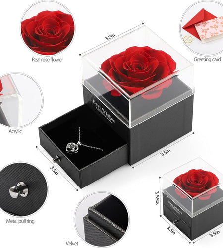 preserved Real Rose with Heart Necklace and Greeting Card. Forever Gifts for Women/Mom/Her/Girlfriend/Wife/Valentine’S Day/Birthday/Anniversary/Thanksgiving/Christmas Wedding (Red)