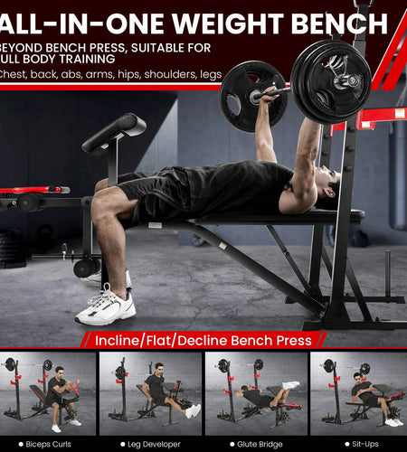 900LBS Olympic Weight Bench Set with Barbell Rack, Preacher Curl, Leg Extension Full Body Exercise Workout Bench Press for Home Gym