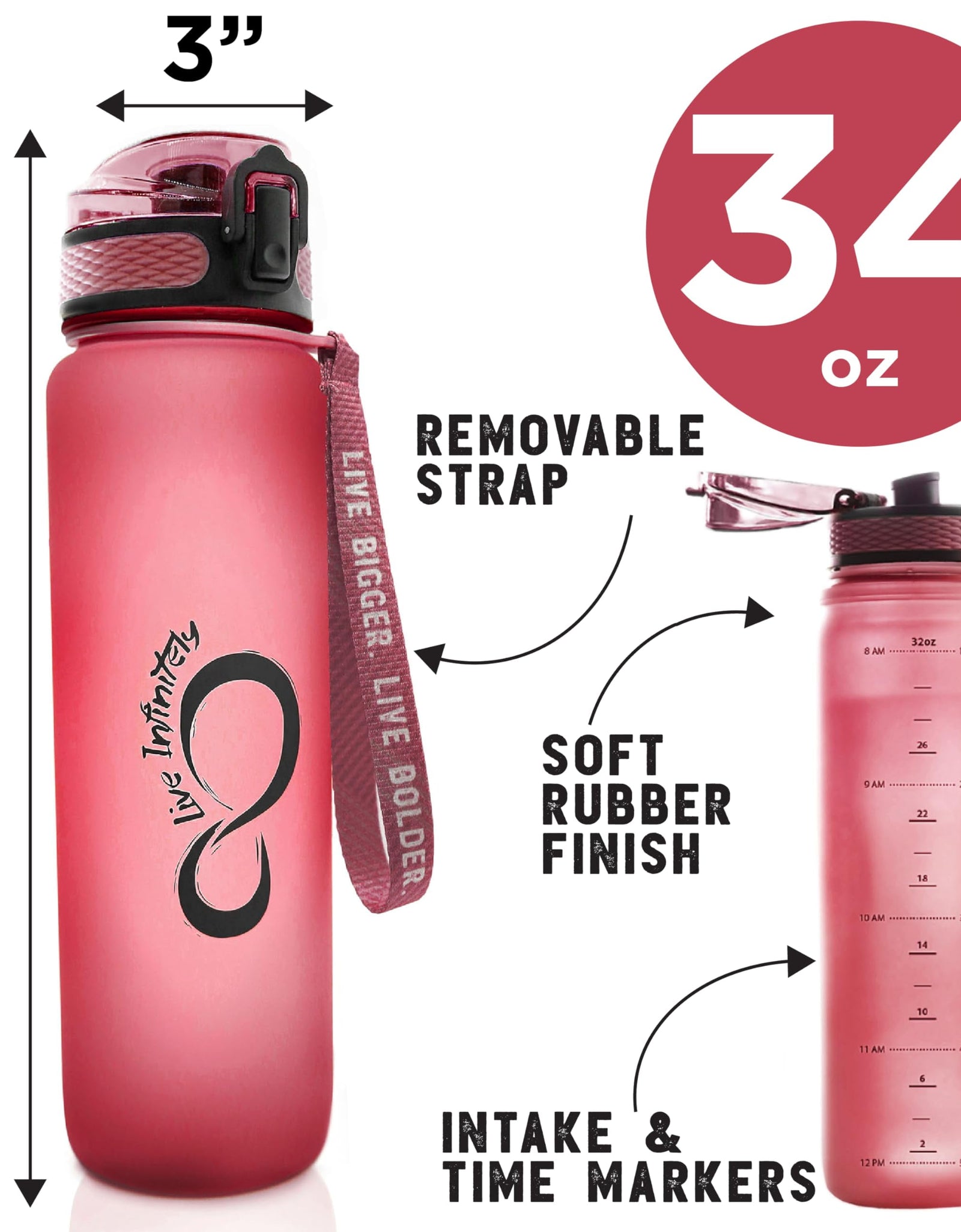 Gym Water Bottle with Time Marker Fruit Infuser and Shaker 34 Oz Amethyst