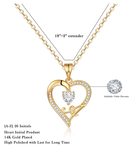 Initial Heart Necklace for Women Cubic Zirconia 14K Gold Plated Initial Heart Pendant Necklace