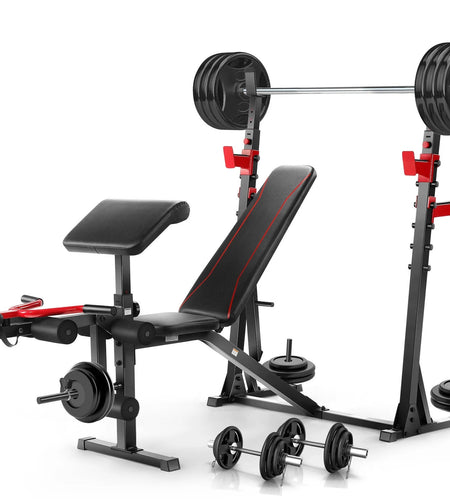 900LBS Olympic Weight Bench Set with Barbell Rack, Preacher Curl, Leg Extension Full Body Exercise Workout Bench Press for Home Gym