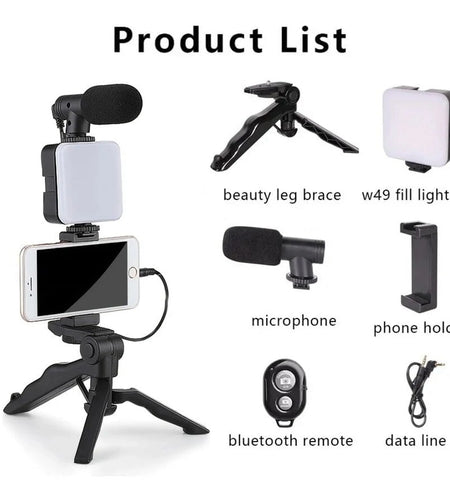 Smartphone Vlogging Kit with Tripod Phone Holder Mini Microphone LED Fill Light Starter for Tiktok Live Stream Video Youtube