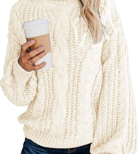 Chic Ballon Sleeve Winter Turtleneck Chunky Sweater Slouchy Oversized Loose Pullover Outerwear Warm Thick