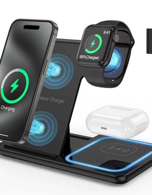 Load image into Gallery viewer, 2024 Upgraded Wireless Charging Station, 18W 3 in 1 Charger Station, Fast Charging Dock Stand for Iwatch Series 10/9/8/7/6/SE/5/4/3/2, Compatible with Iphone 16 15 14 13 12 11 Pro/Xs/Samsung &amp; Airpod
