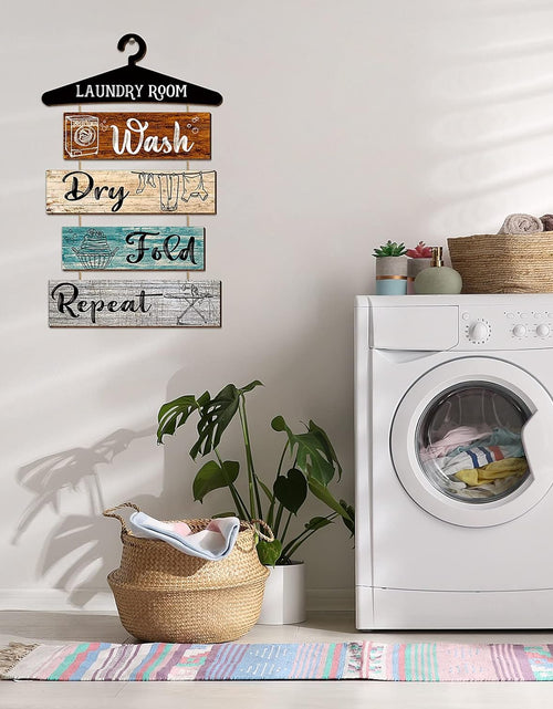 Load image into Gallery viewer, 5 Pieces Laundry Room Wall Sign Rustic Laundry Room Rules Hanging Sign Wooden Wash Dry Fold Repeat Laundry Plaque Vintage Farmhouse Laundry Rules Wall Decor 19.7 X 11 Inch (Multicolored Backing)
