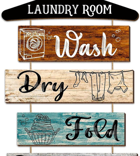 5 Pieces Laundry Room Wall Sign Rustic Laundry Room Rules Hanging Sign Wooden Wash Dry Fold Repeat Laundry Plaque Vintage Farmhouse Laundry Rules Wall Decor 19.7 X 11 Inch (Multicolored Backing)