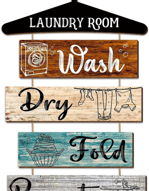 Load image into Gallery viewer, 5 Pieces Laundry Room Wall Sign Rustic Laundry Room Rules Hanging Sign Wooden Wash Dry Fold Repeat Laundry Plaque Vintage Farmhouse Laundry Rules Wall Decor 19.7 X 11 Inch (Multicolored Backing)
