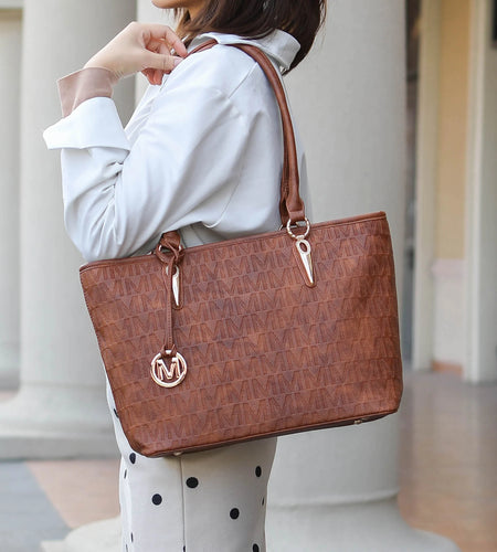 Vegan Leather Women'S Tote Bag, Small Tote Handbag, Pouch Purse & Wristlet Wallet Bag 4 Pcs Set by Mia K - Beige