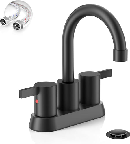4 Inch 2 Handle Centerset Matte Black Lead-Free Modern Bathroom Faucet, 360 Swivel Spout 2-3 Hole RV Bathroom Vanity Sink Faucet with Pop up Drain and Water Supply Lines，Bf015-1-Mb