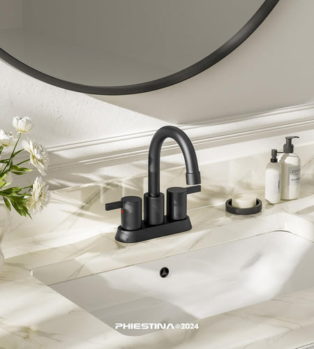4 Inch 2 Handle Centerset Matte Black Lead-Free Modern Bathroom Faucet, 360 Swivel Spout 2-3 Hole RV Bathroom Vanity Sink Faucet with Pop up Drain and Water Supply Lines，Bf015-1-Mb