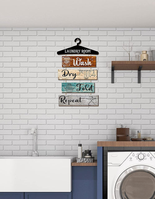 Load image into Gallery viewer, 5 Pieces Laundry Room Wall Sign Rustic Laundry Room Rules Hanging Sign Wooden Wash Dry Fold Repeat Laundry Plaque Vintage Farmhouse Laundry Rules Wall Decor 19.7 X 11 Inch (Multicolored Backing)

