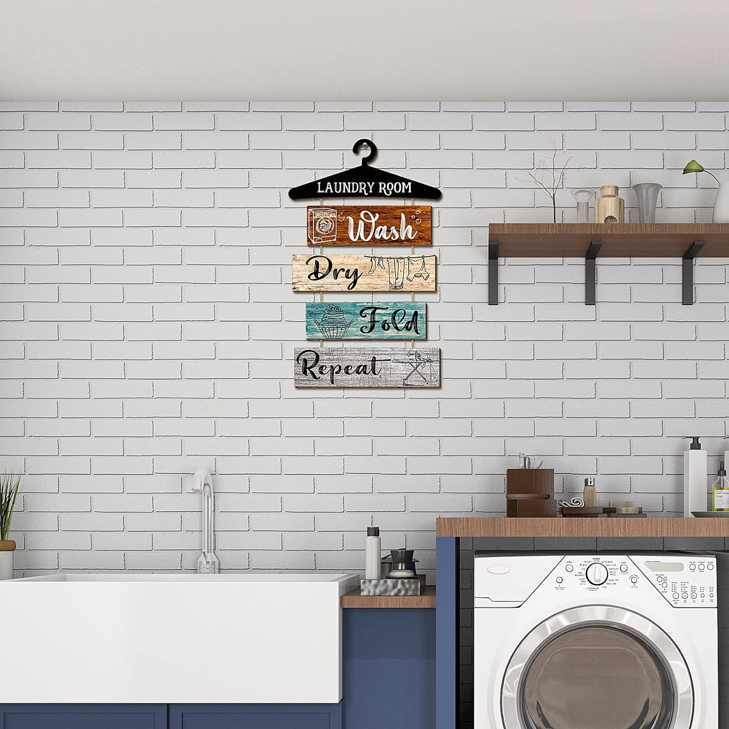 5 Pieces Laundry Room Wall Sign Rustic Laundry Room Rules Hanging Sign Wooden Wash Dry Fold Repeat Laundry Plaque Vintage Farmhouse Laundry Rules Wall Decor 19.7 X 11 Inch (Multicolored Backing)