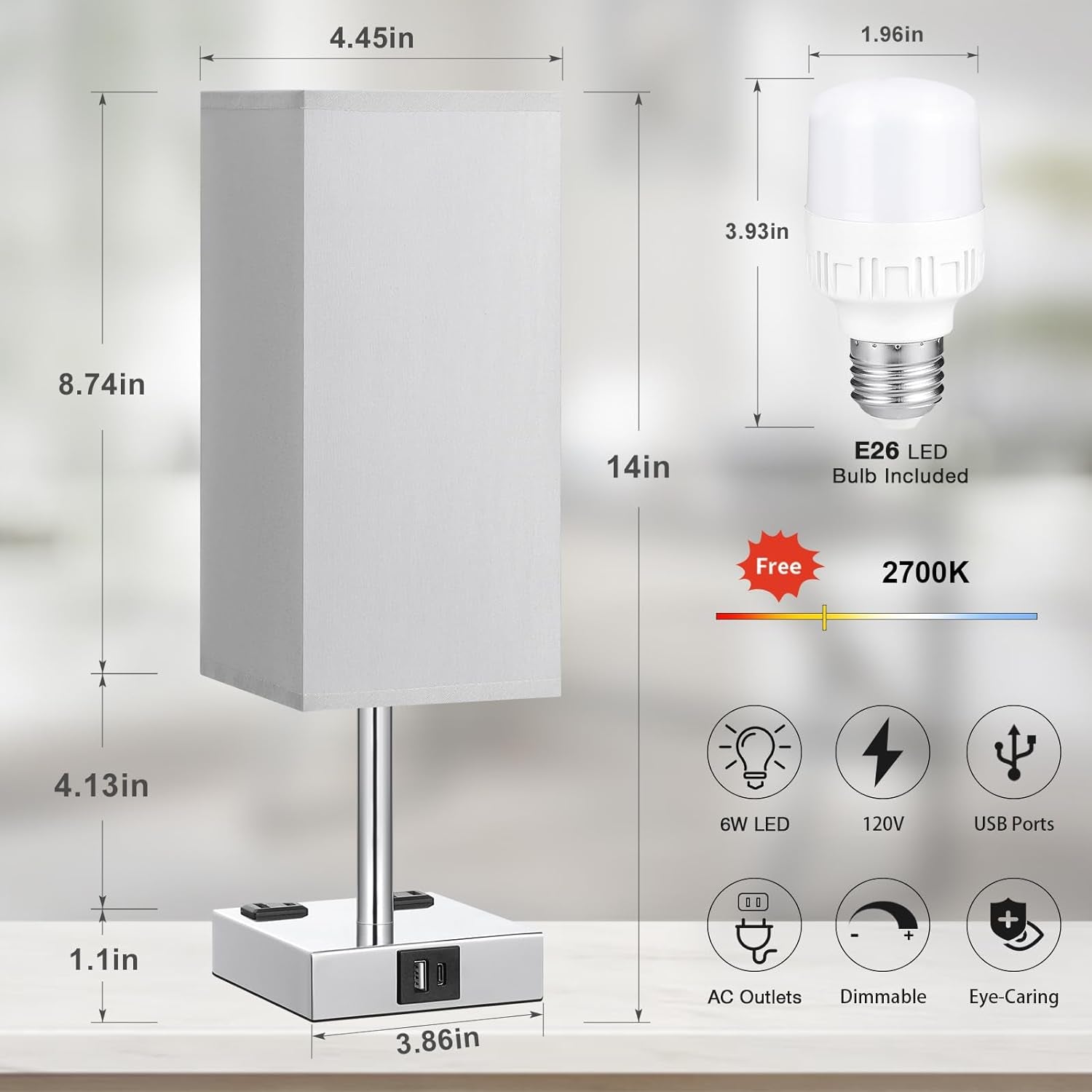 Touch Control USB Table Lamp, 3-Way Dimmable Bedside Lamp with Dual USB Ports and Outlets, Minimalist Small Lamps for Bedroom Nightstand Living Room Office Dorm Decor (LED Bulb Included )