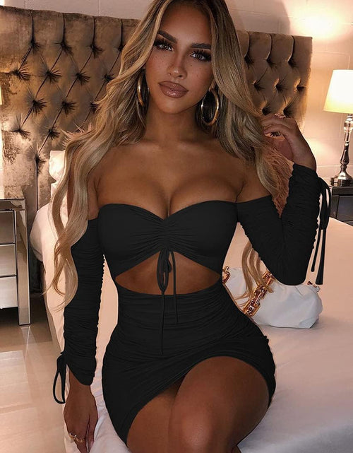 Load image into Gallery viewer, Women&#39;S Sexy Tube Long Sleeve Cutout Drawstring Ruched Bodycon Mini Club Dress
