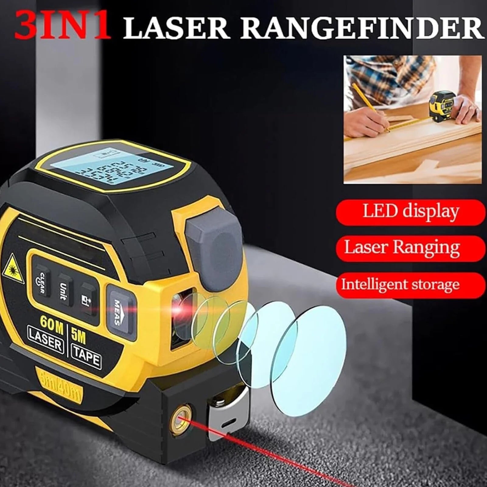 3 in 1 Digital Laser Tape Measure 130Ft/40M Laser Distance Meter Auto Lock Measuring Tape Range Finder